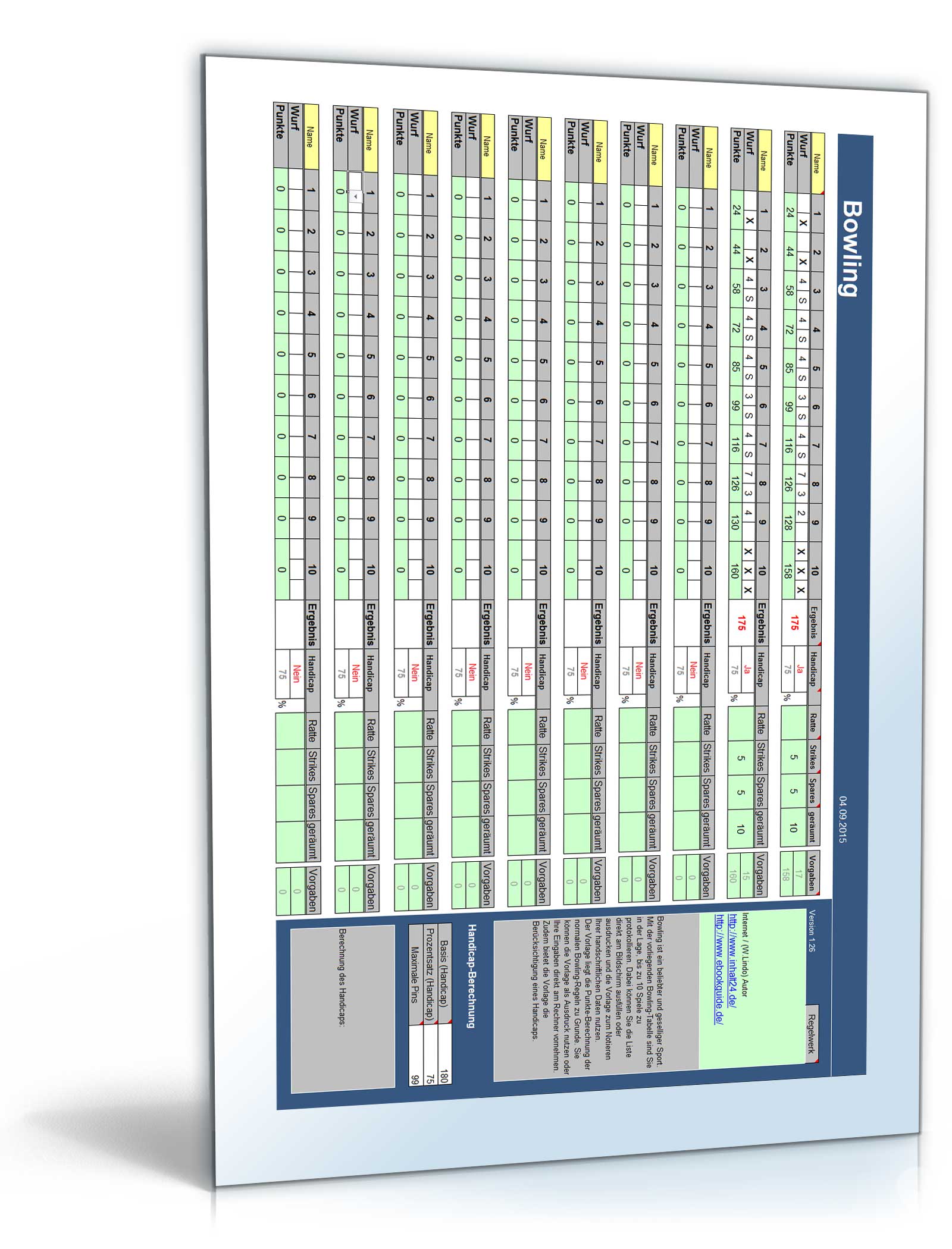 Bowling inkl. Handicap-Berechnung unter Excel Dokument zum Download