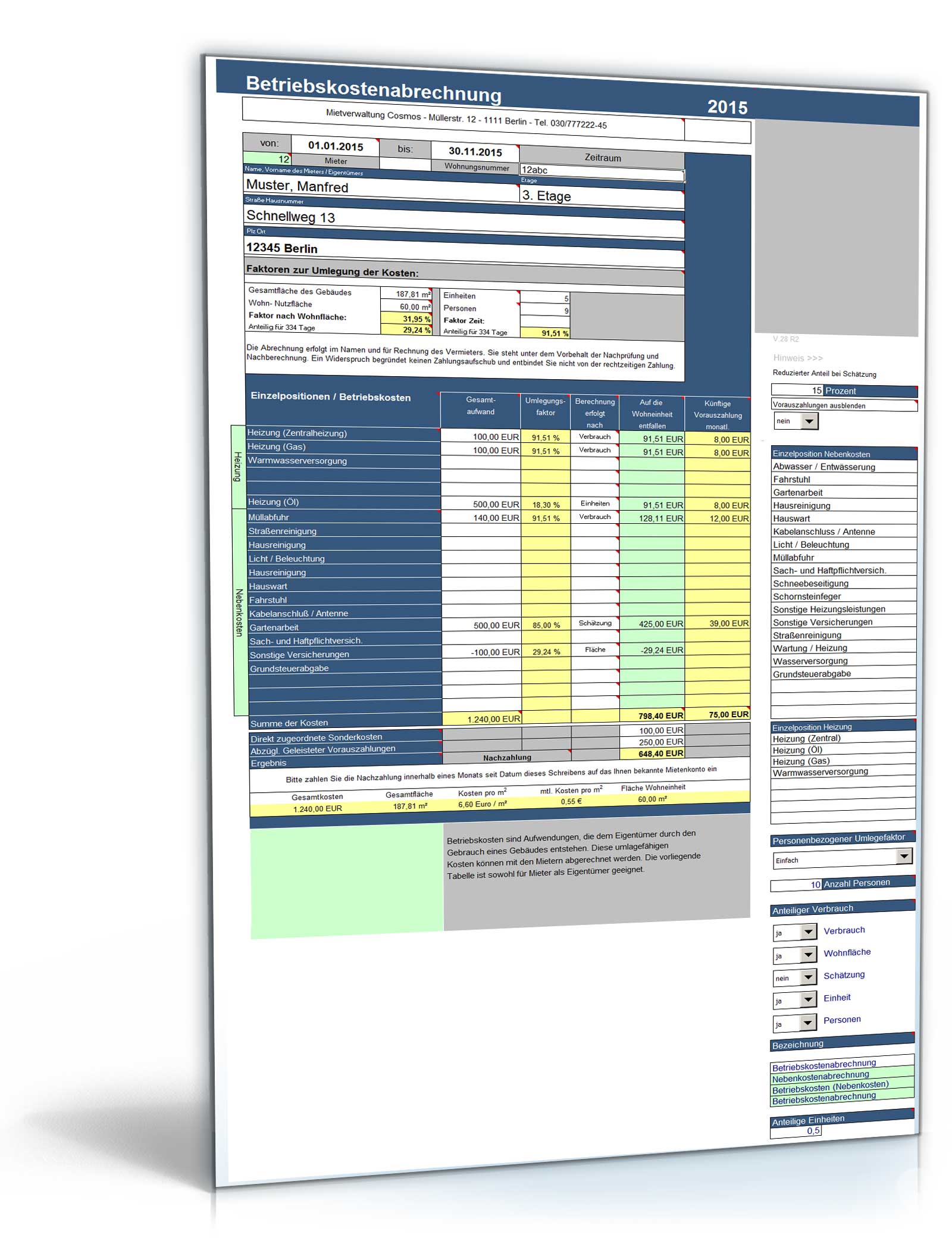 Die genial einfache Betriebskostenabrechnung Deluxe unter Excel Dokument zum Download