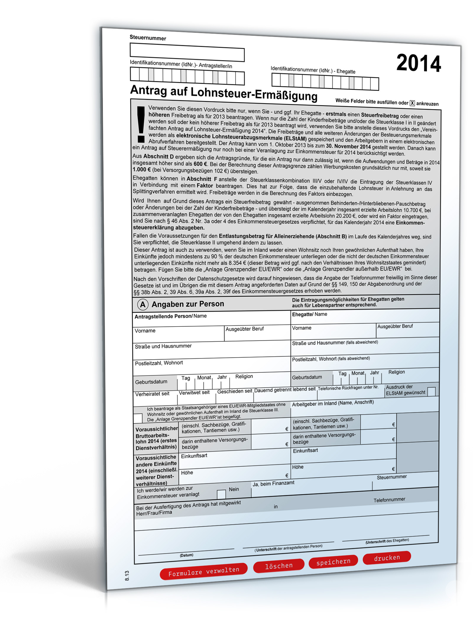 Antrag auf Lohnsteuer-Ermässigung 2014 Dokument zum Download