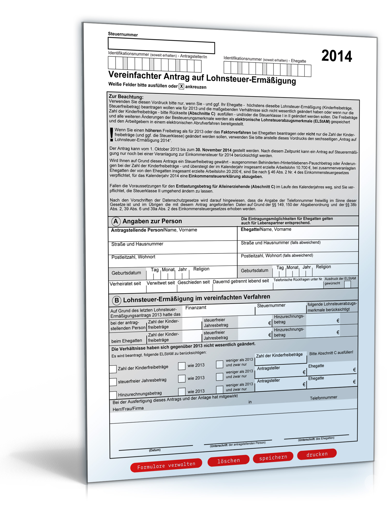 Vereinfachter Antrag auf Lohnsteuer-Ermässigung 2014 Dokument zum Download