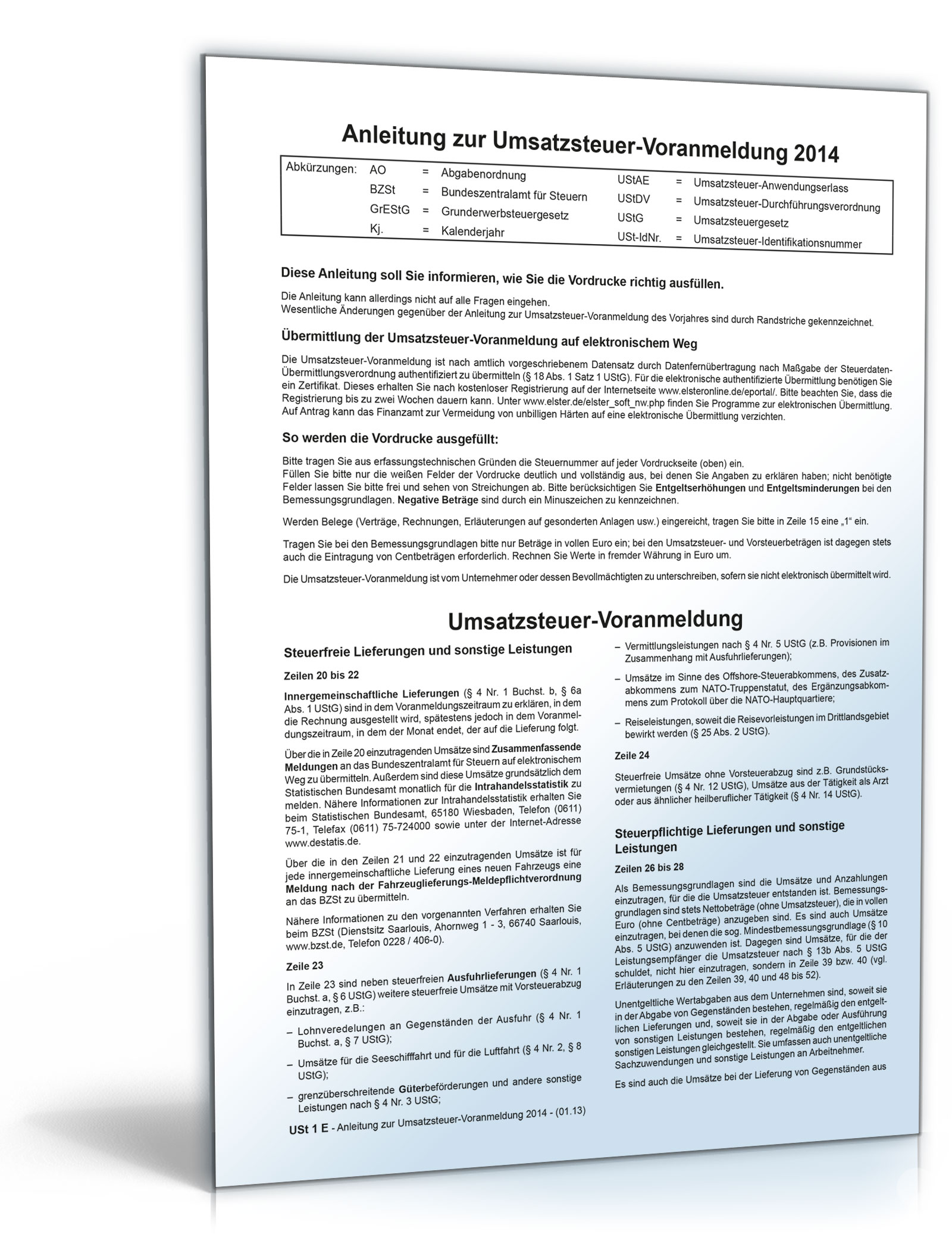 Anleitung zur Umsatzsteuervoranmeldung 2014 Dokument zum Download