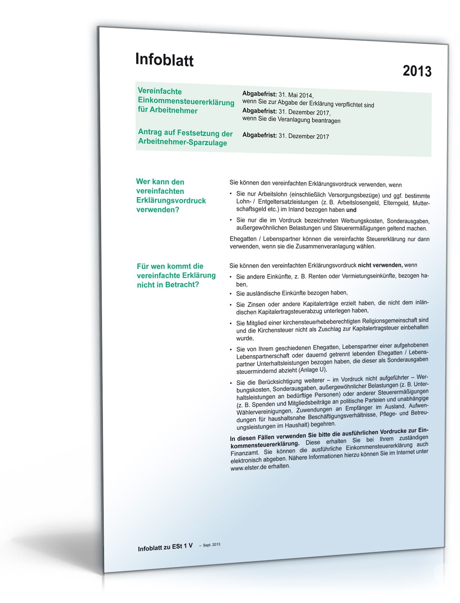 Anleitung vereinfachte Einkommensteuererklärung 2013 Dokument zum Download