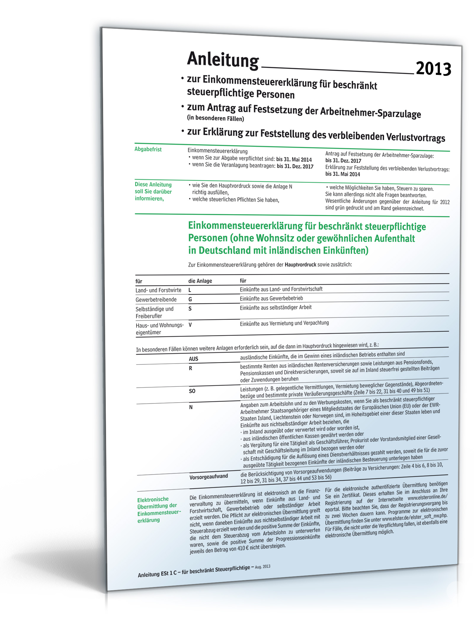 Anleitung zur Einkommensteuererklärung 2013 Dokument zum Download