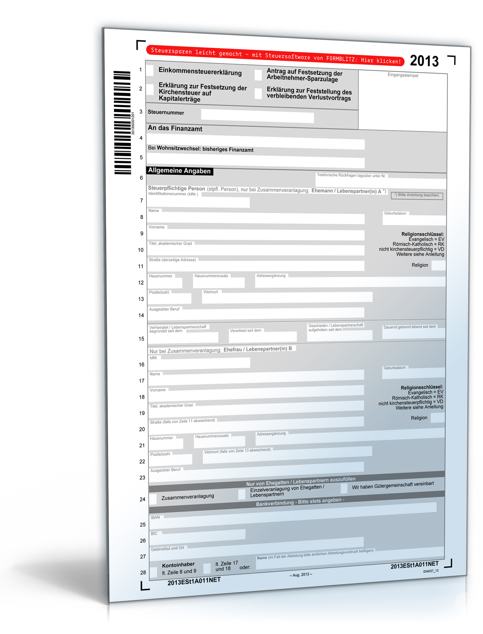 Mantelbogen Einkommensteuererklärung 2013 Dokument zum Download