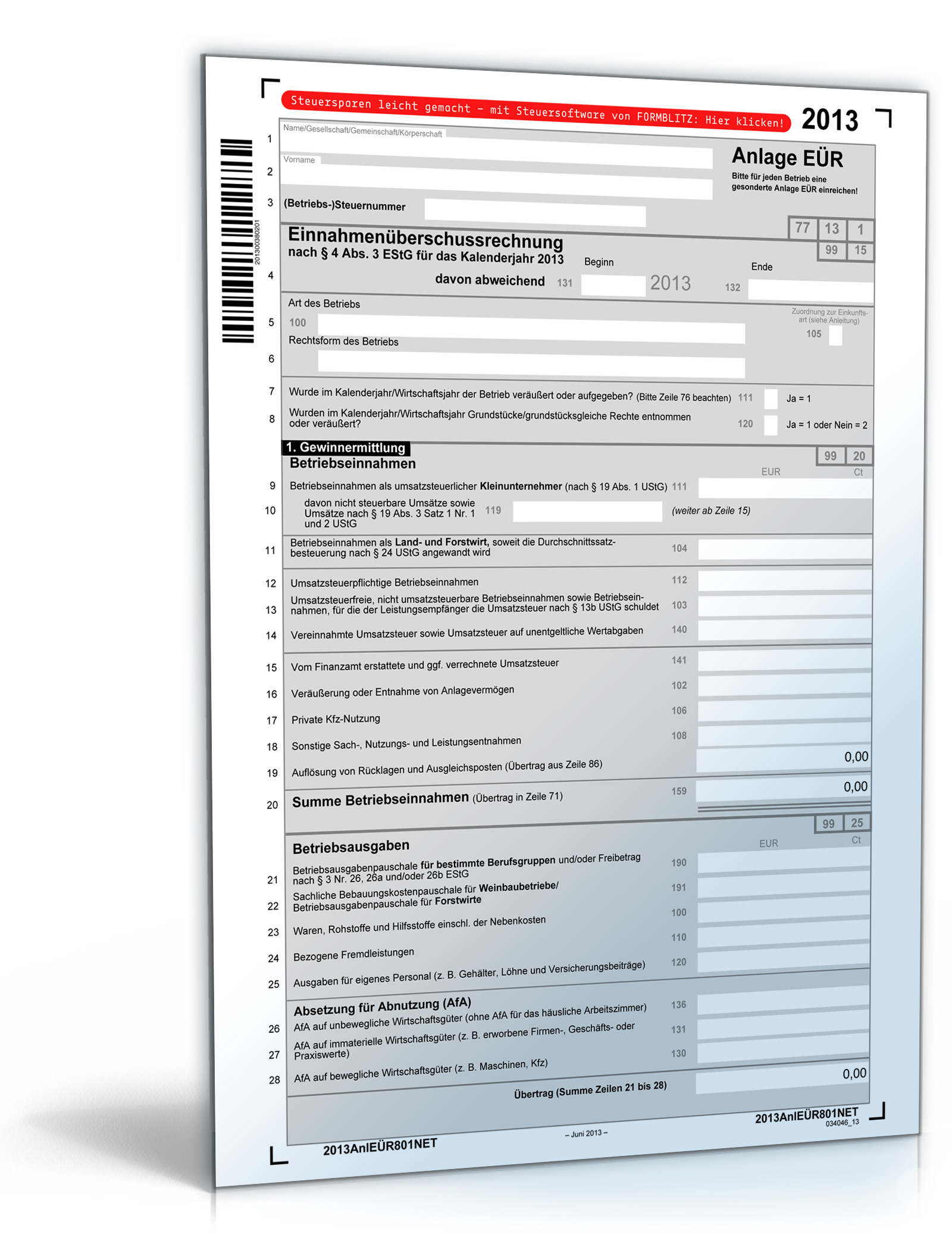 Anlage EÜR 2013 Dokument zum Download