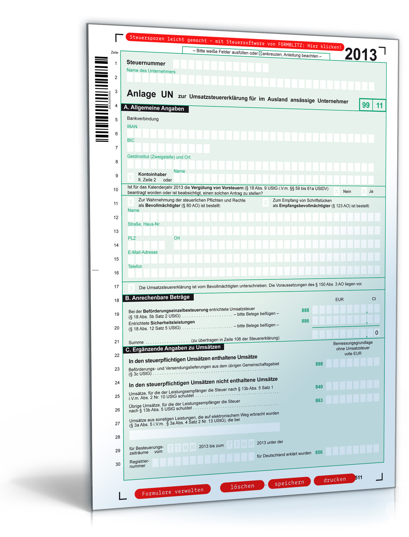 Anlage UN zur Umsatzsteuererklärung 2013 Dokument zum Download