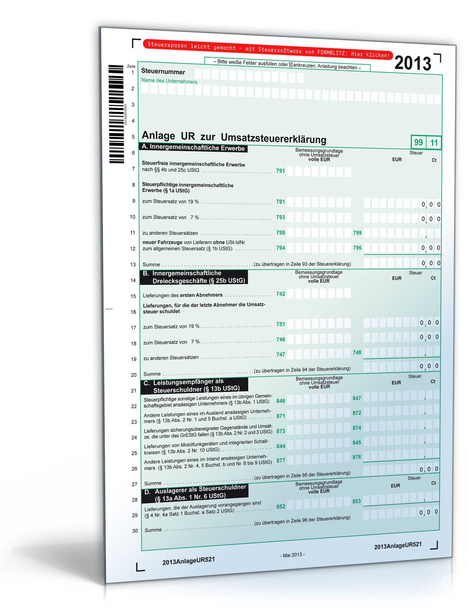 Anlage UR zur Umsatzsteuererklärung 2013 Dokument zum Download