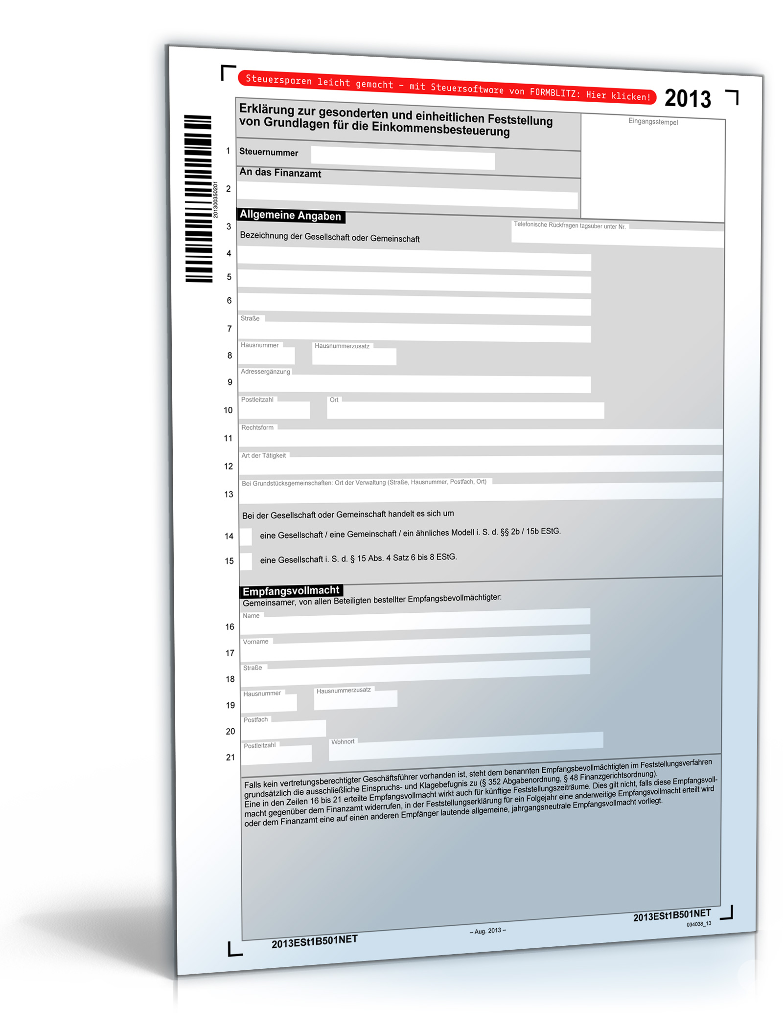 ESt 1B 2013 Erklärung zur gesonderten und einheitlichen Feststellung Dokument zum Download