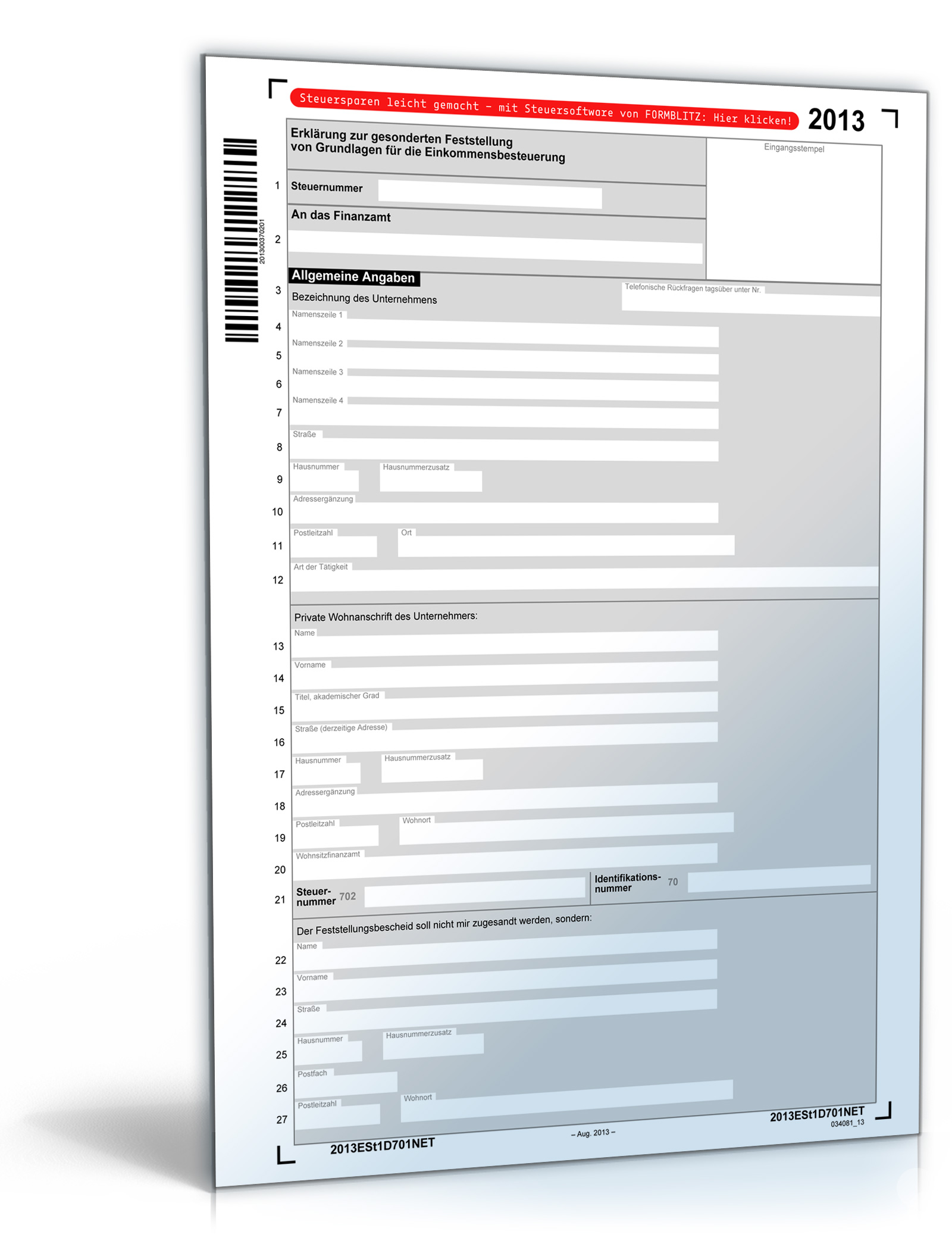 ESt 1D 2013 Erklärung zur gesonderten und einheitlichen Feststellung Dokument zum Download