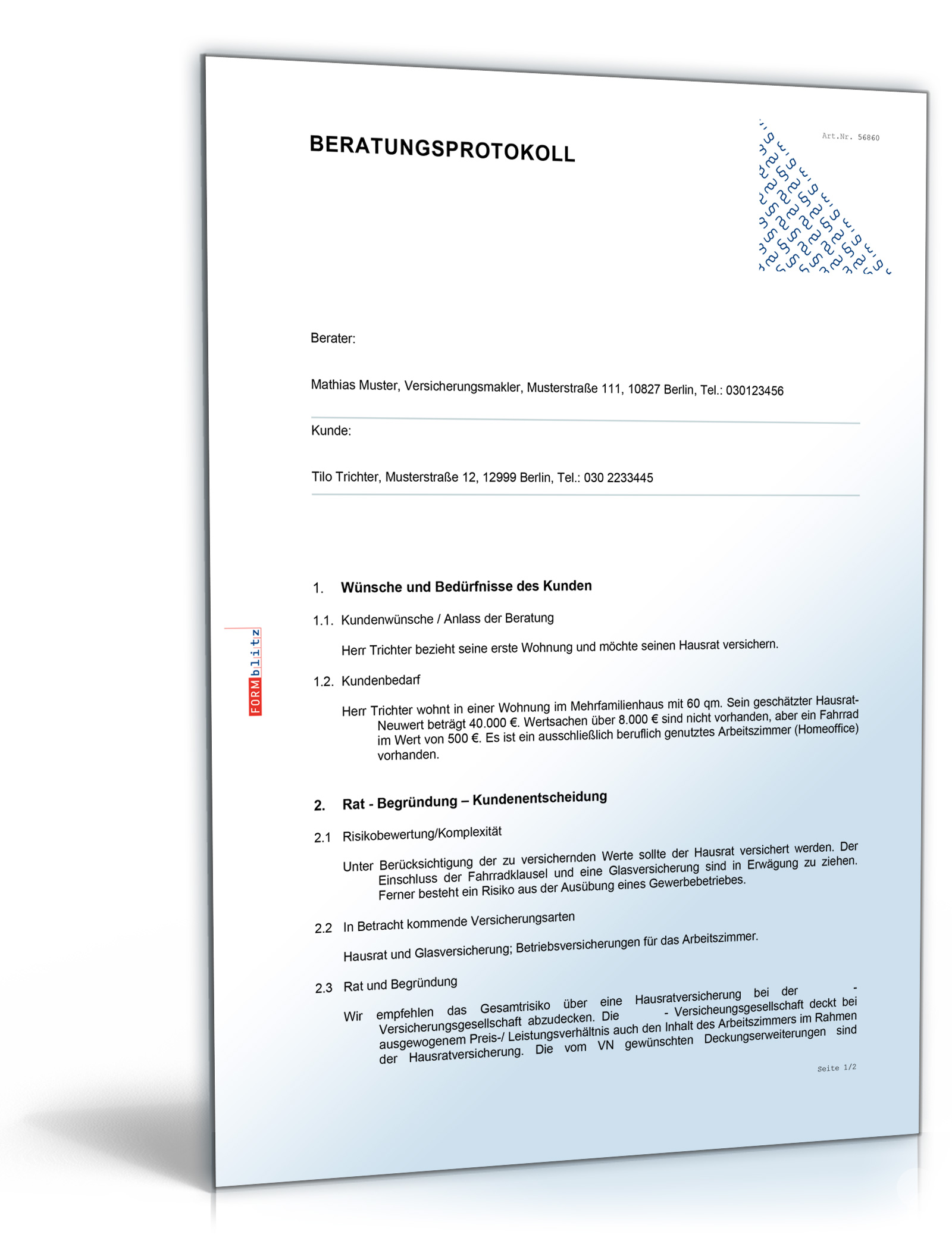 Beratungsprotokoll für Versicherungsvermittlung Dokument zum Download