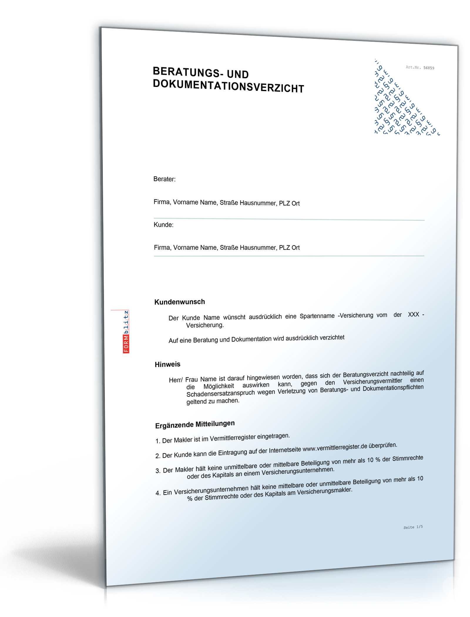 Beratungs- und Dokumentationsverzicht bei Versicherungsvermittlung Dokument zum Download