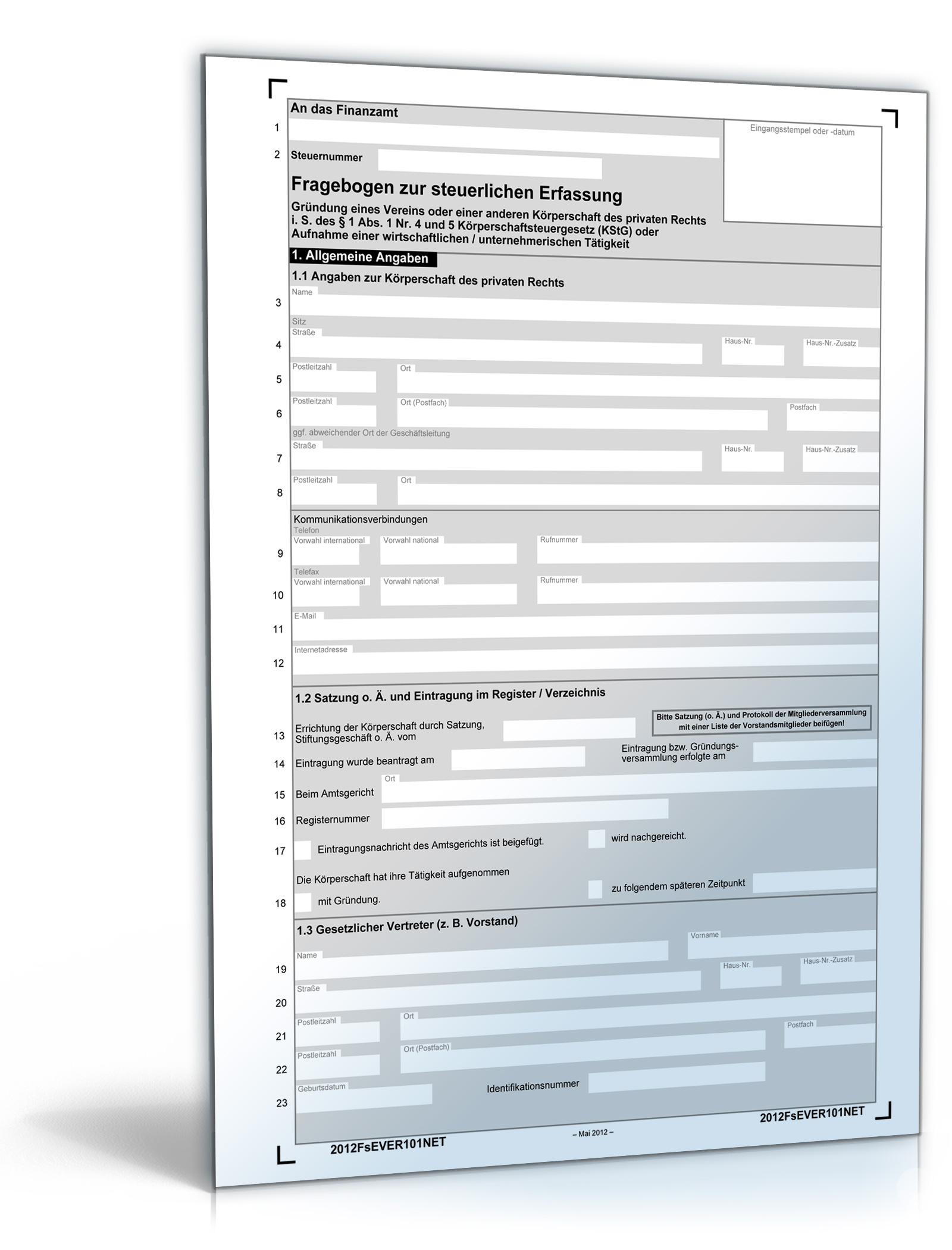 Fragebogen zur steuerlichen Erfassung bei Gründung eines Vereins Dokument zum Download