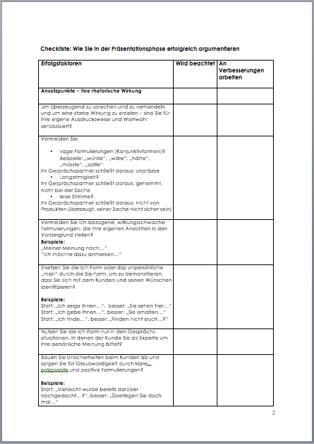 Checkliste - Argumentation in der Präsentationsphase Dokument zum Download