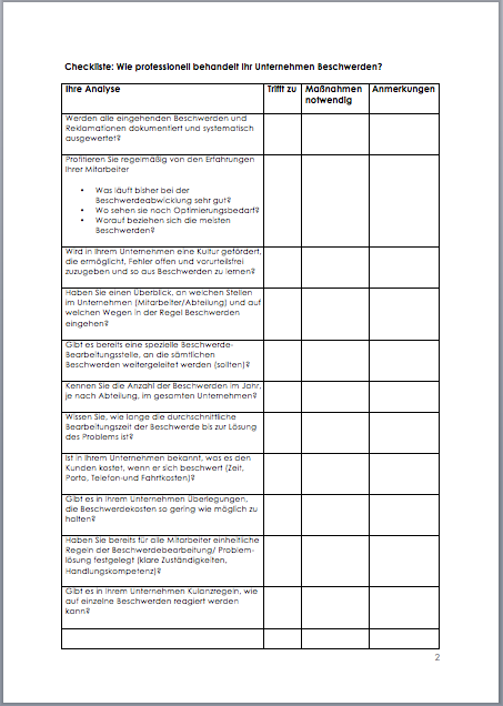 Checkliste - Beschwerdebehandlung Dokument zum Download