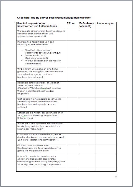 Checkliste - Beschwerdemanagement Dokument zum Download