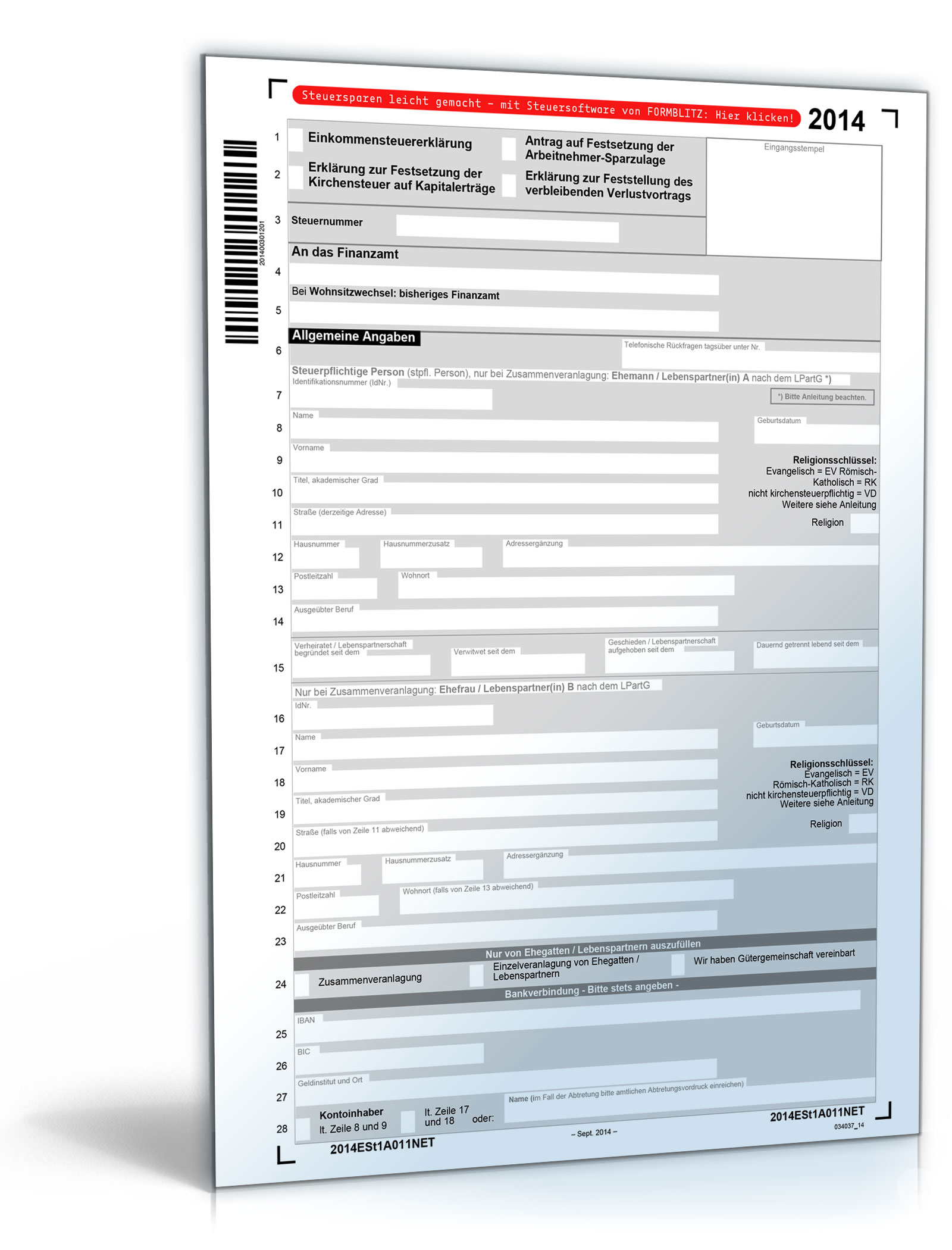 Mantelbogen Einkommensteuererklärung 2014 Dokument zum Download