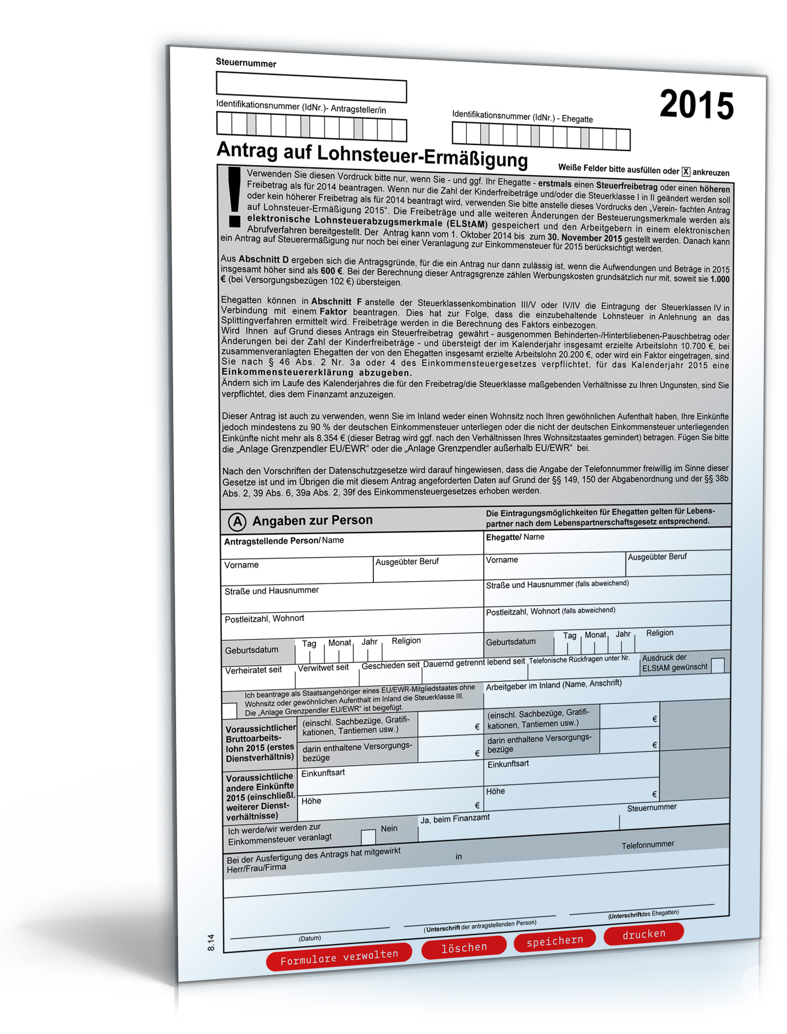 Antrag auf Lohnsteuer-Ermässigung 2015 Dokument zum Download