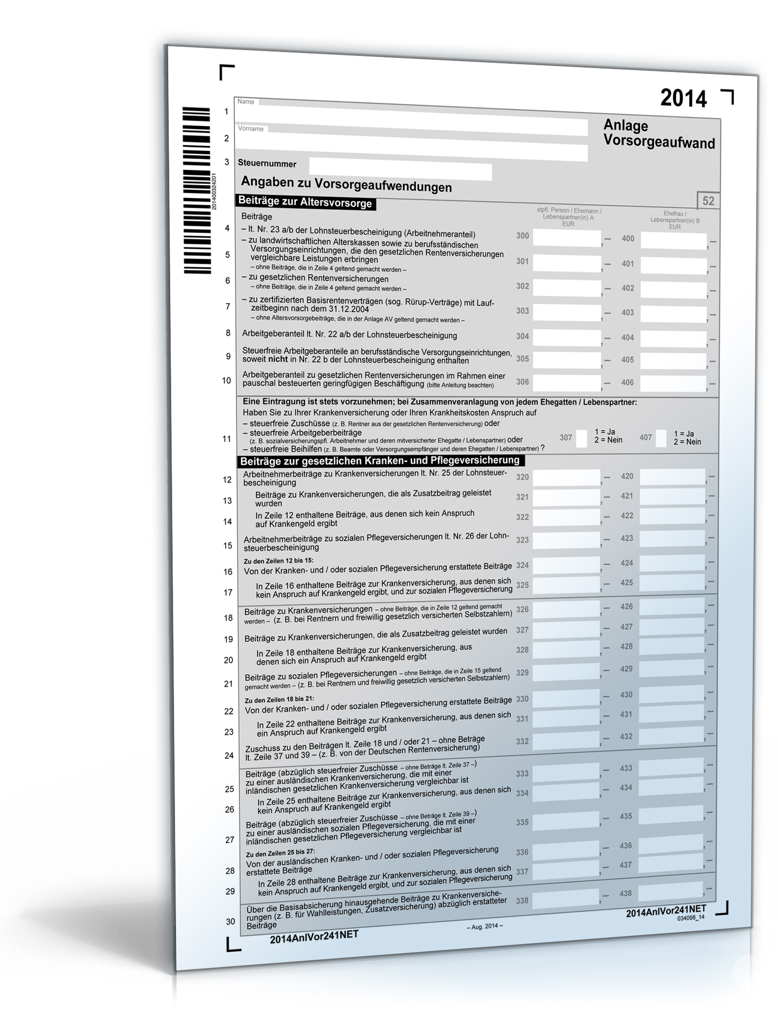 Anlage Vorsorgeaufwand 2014 Dokument zum Download