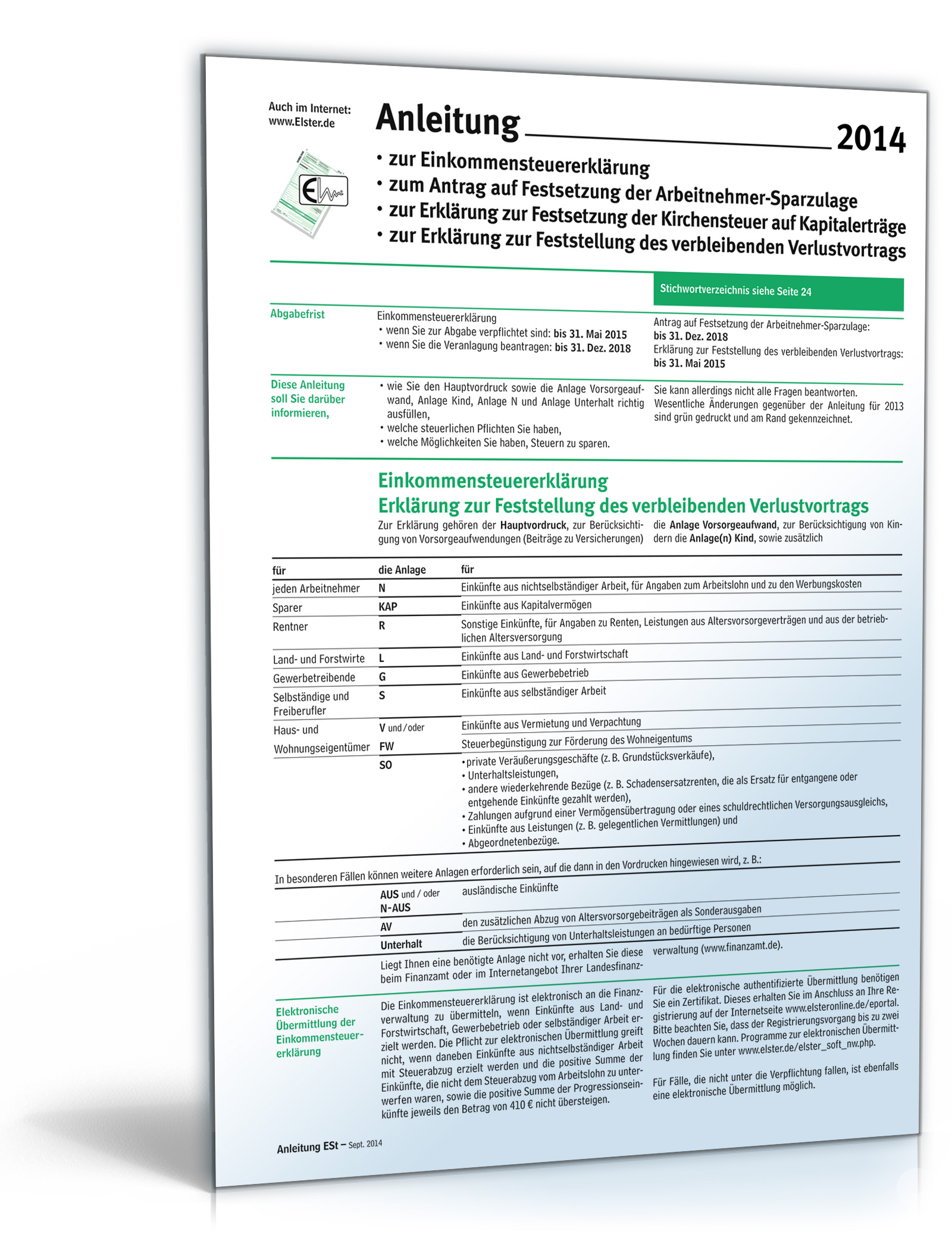 Anleitung zur Einkommensteuererklärung 2014 Dokument zum Download