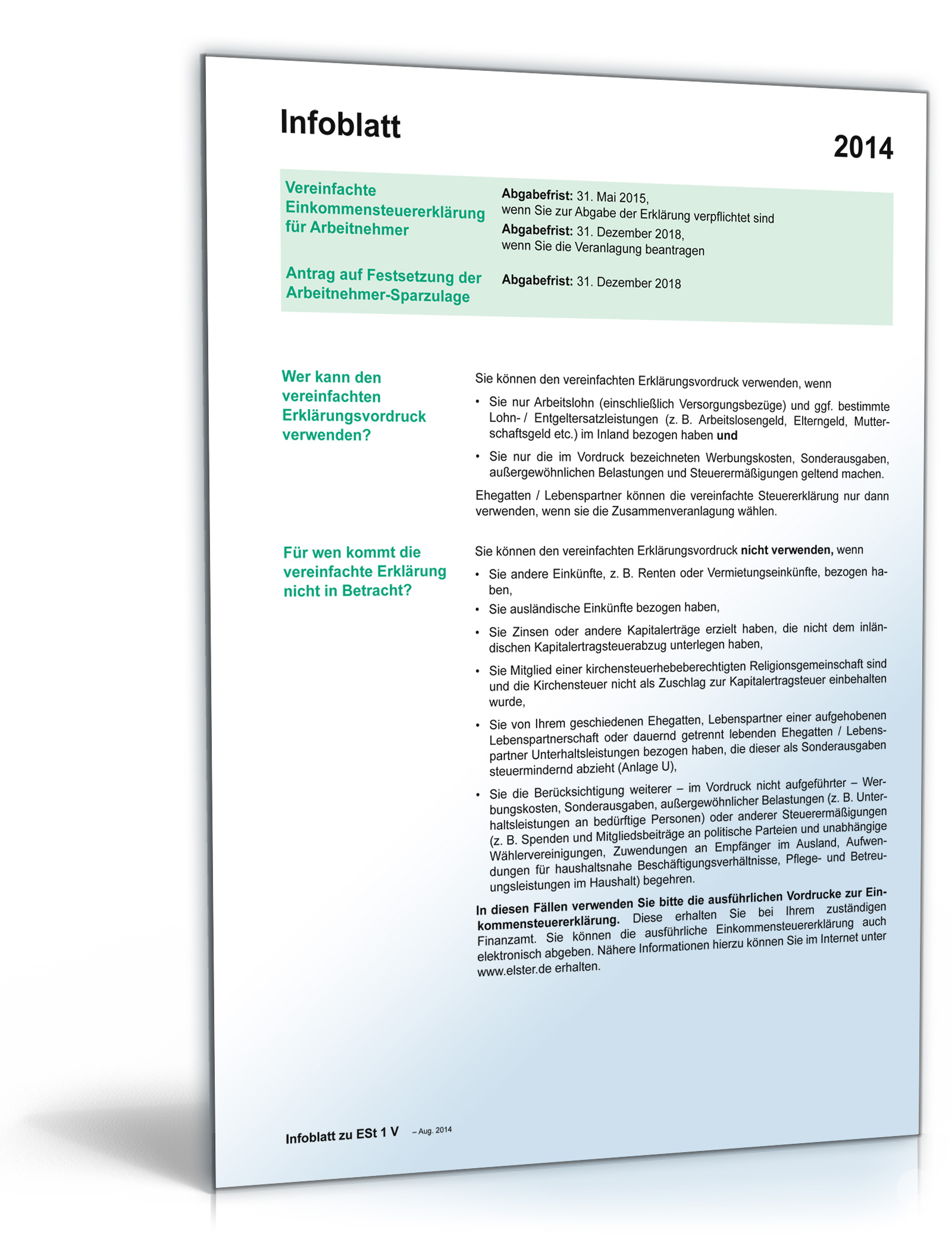 Anleitung vereinfachte Einkommensteuererklärung 2014 Dokument zum Download