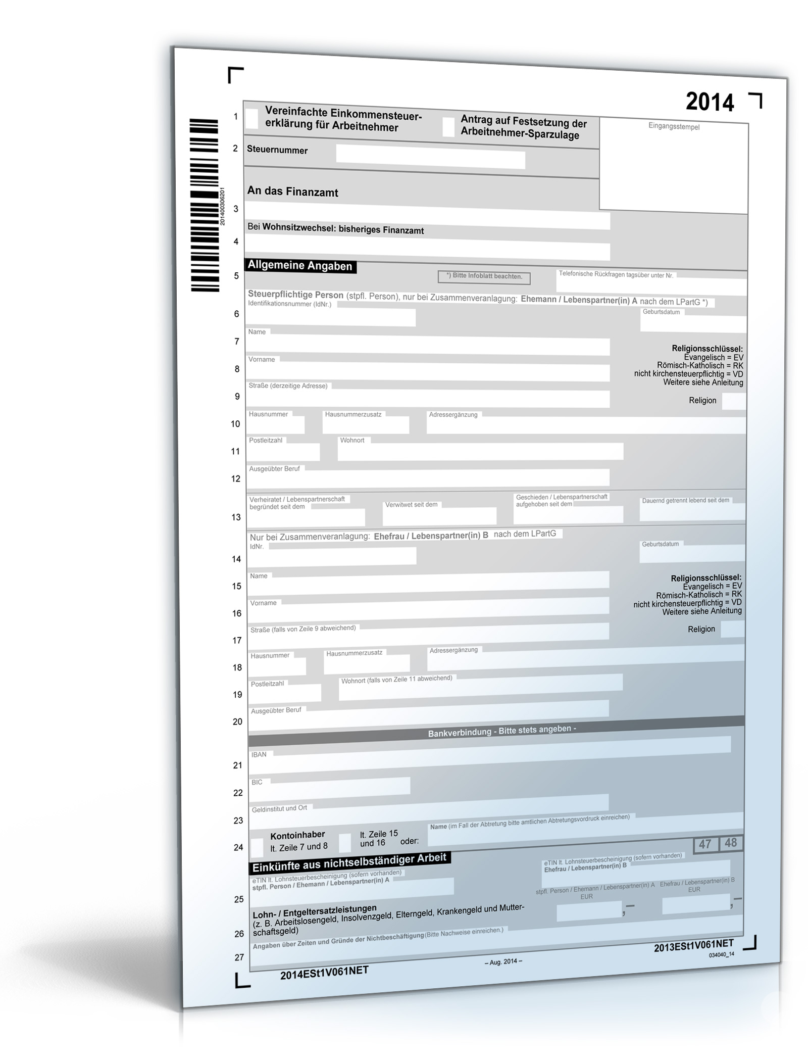 Vereinfachte Einkommensteuererklärung 2014 Dokument zum Download