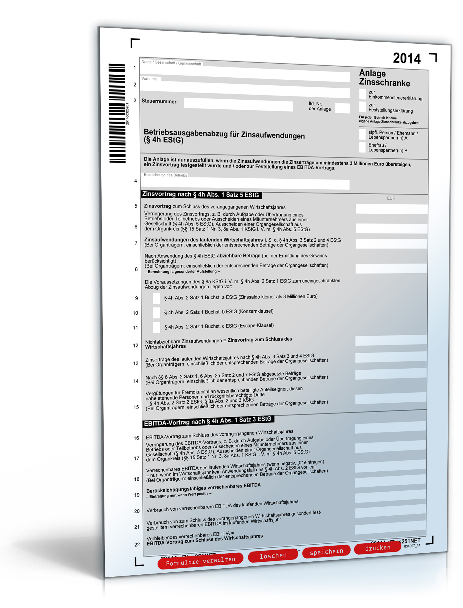 Anlage Zinsschranke 2014 Dokument zum Download