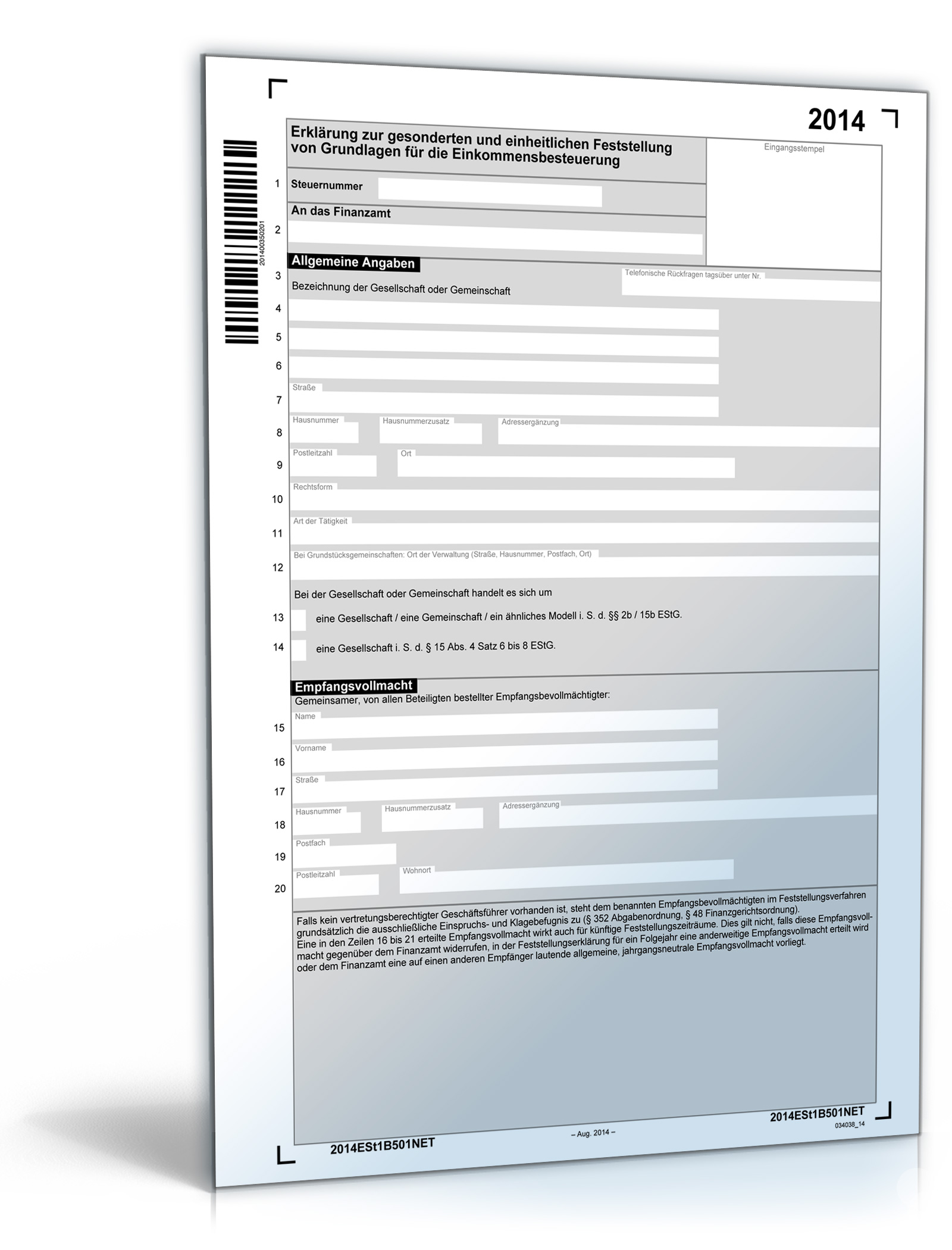 Erklärung zur gesonderten und einheitlichen Feststellung von Dokument zum Download