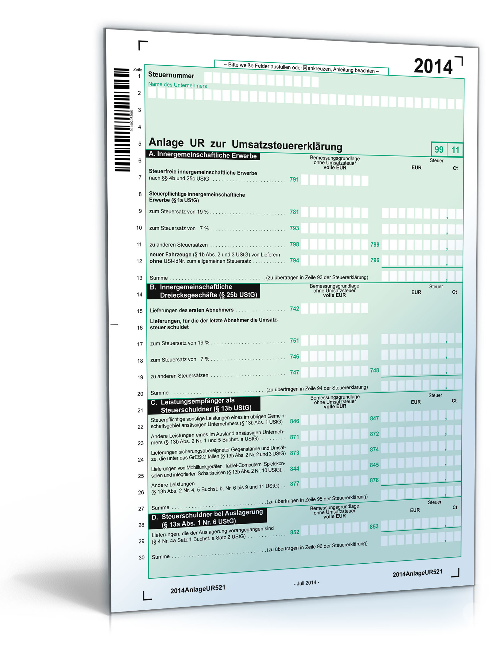 Anlage UR zur Umsatzsteuererklärung 2014 Dokument zum Download