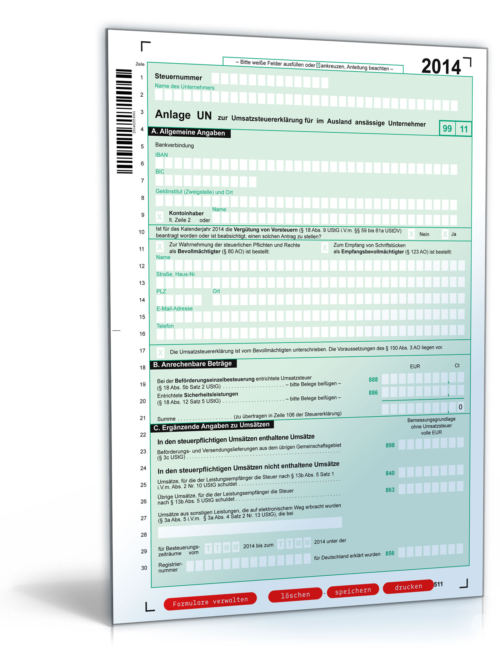 Anlage UN zur Umsatzsteuererklärung 2014 Dokument zum Download