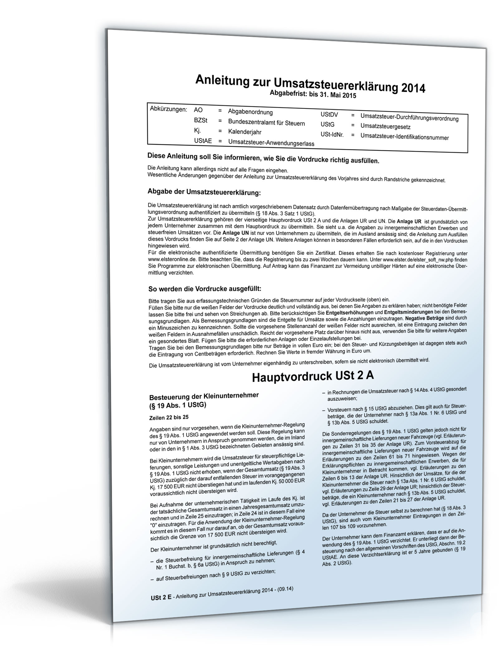 Anleitung zur Umsatzsteuererklärung 2014 Dokument zum Download