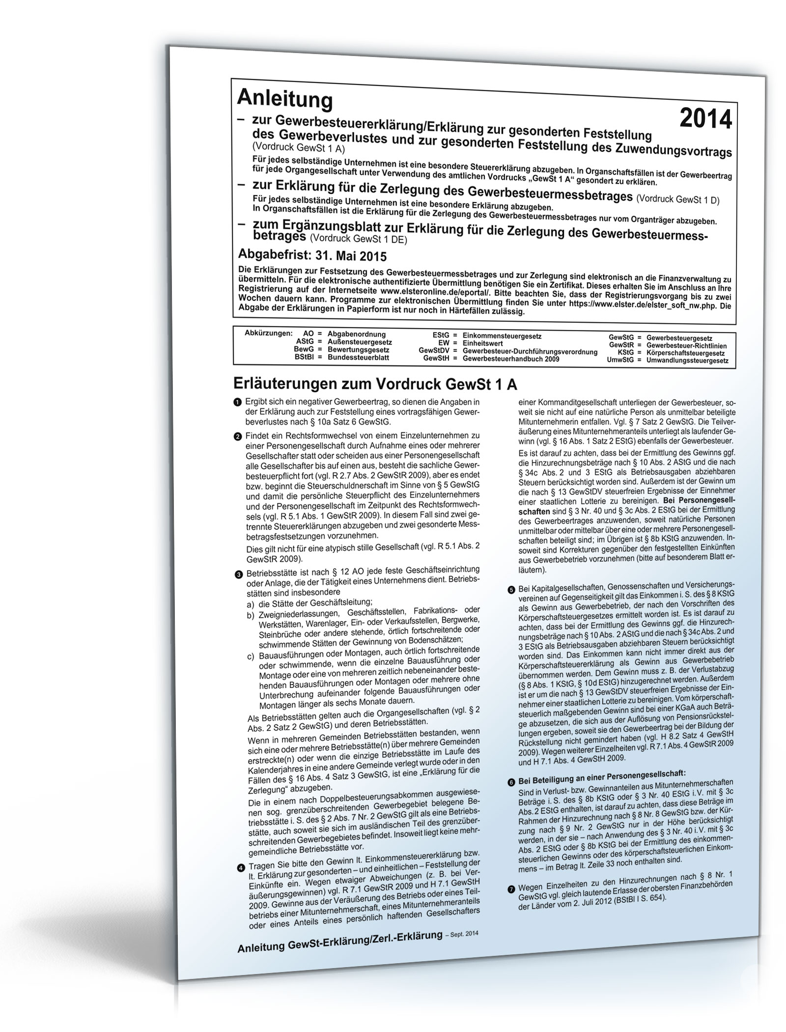 Anleitung zur Gewerbesteuererklärung 2014 Dokument zum Download