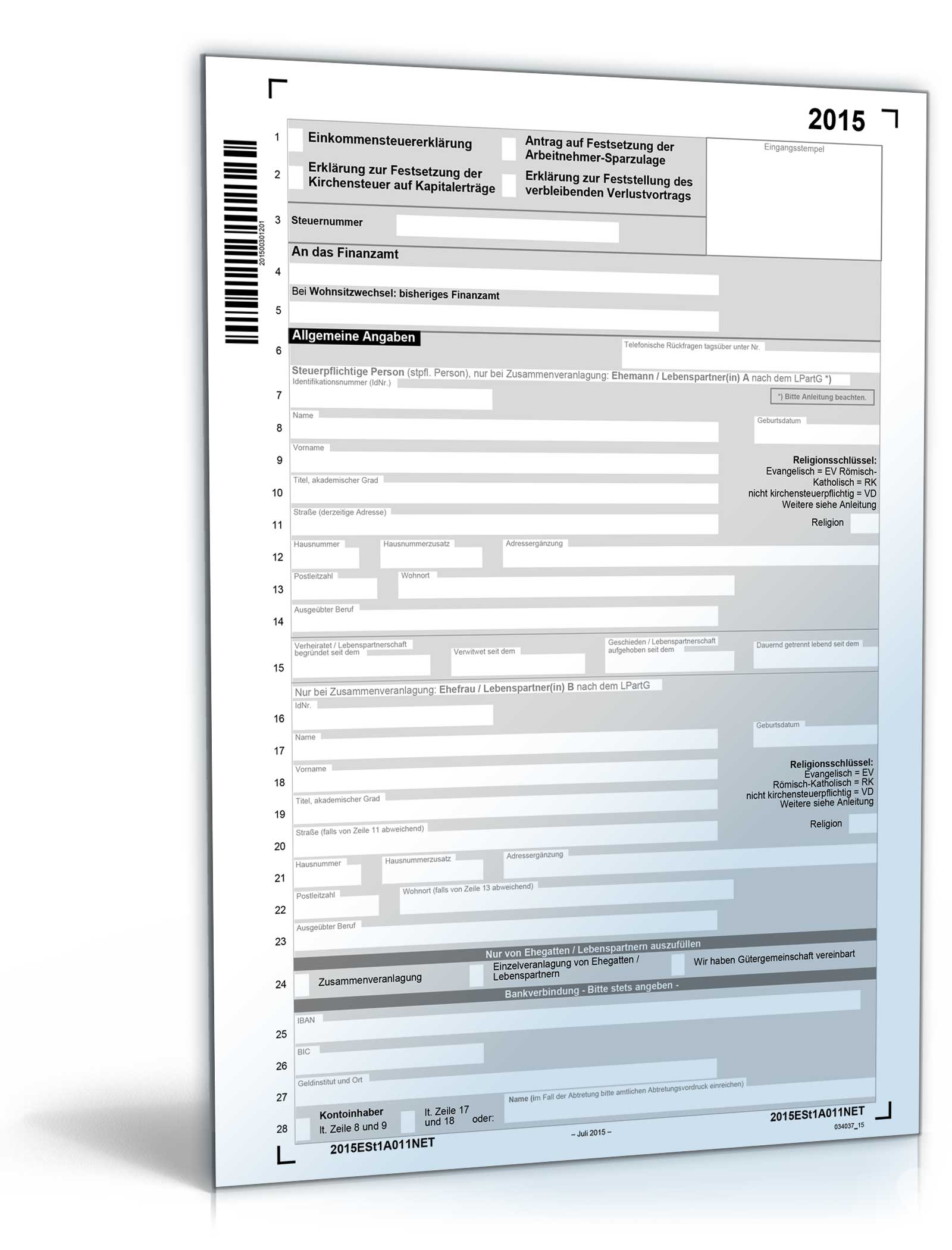 Einkommensteuererklärung 2015 - Mantelbogen Dokument zum Download