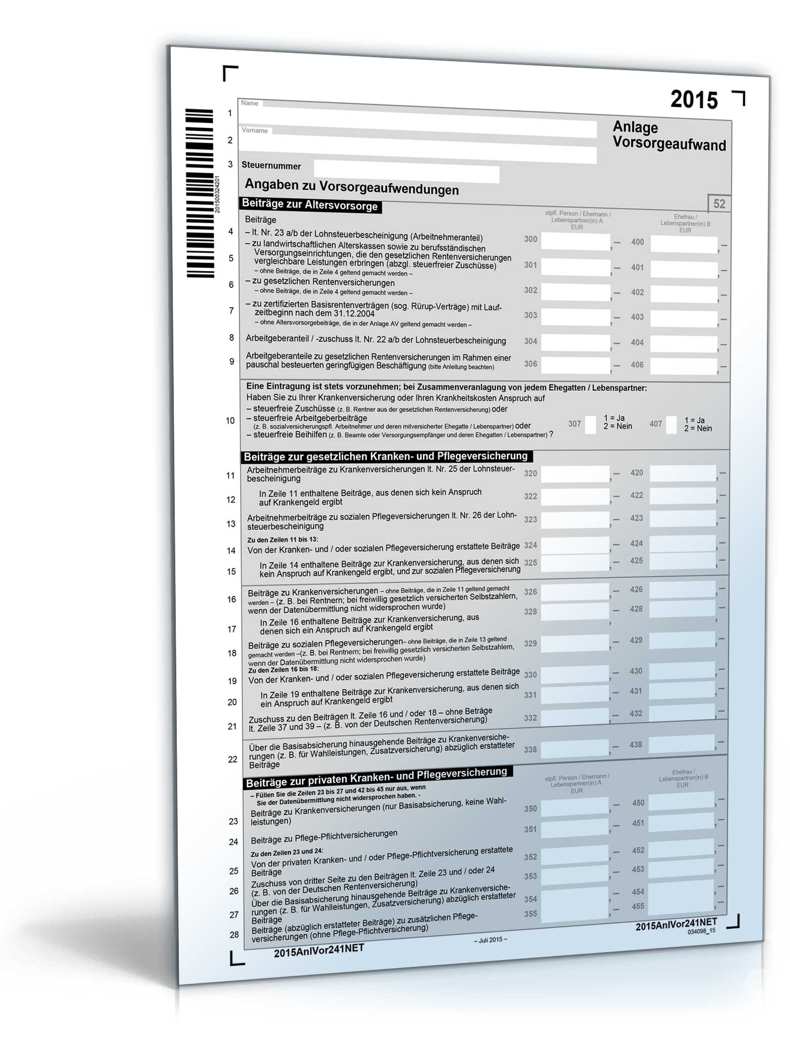 Anlage Vorsorgeaufwand 2015 Dokument zum Download