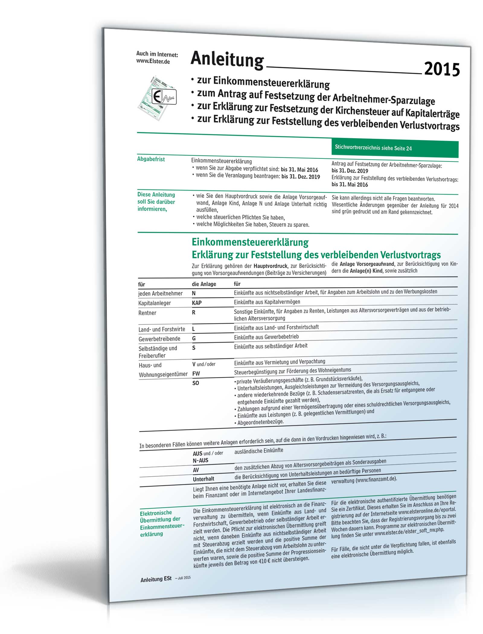 Anleitung zur Einkommensteuererklärung 2015 Dokument zum Download