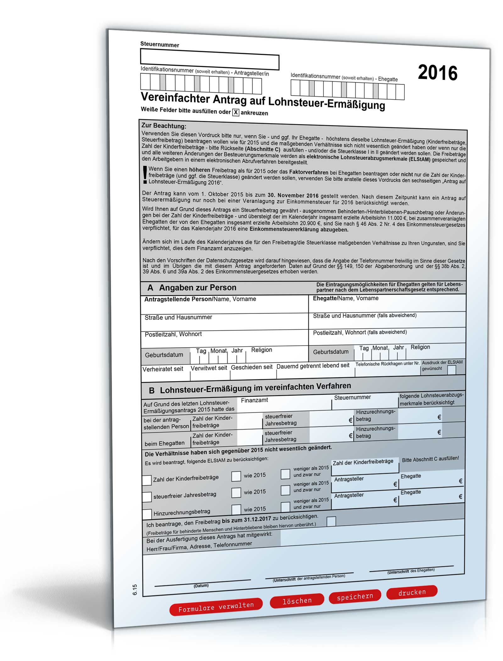 Vereinfachter Antrag auf Lohnsteuer-Ermässigung 2016 Dokument zum Download