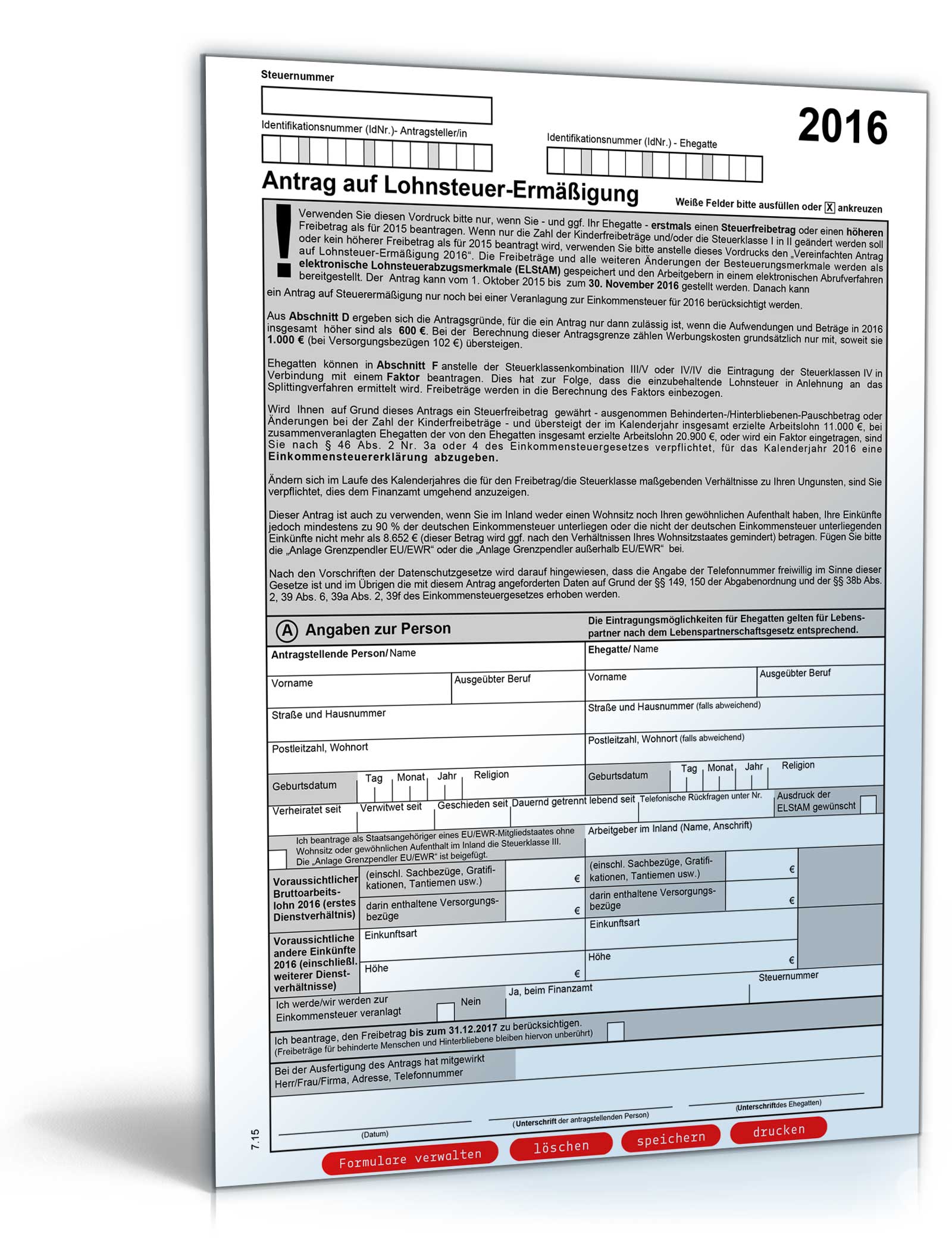 Antrag auf Lohnsteuer-Ermässigung 2016 Dokument zum Download