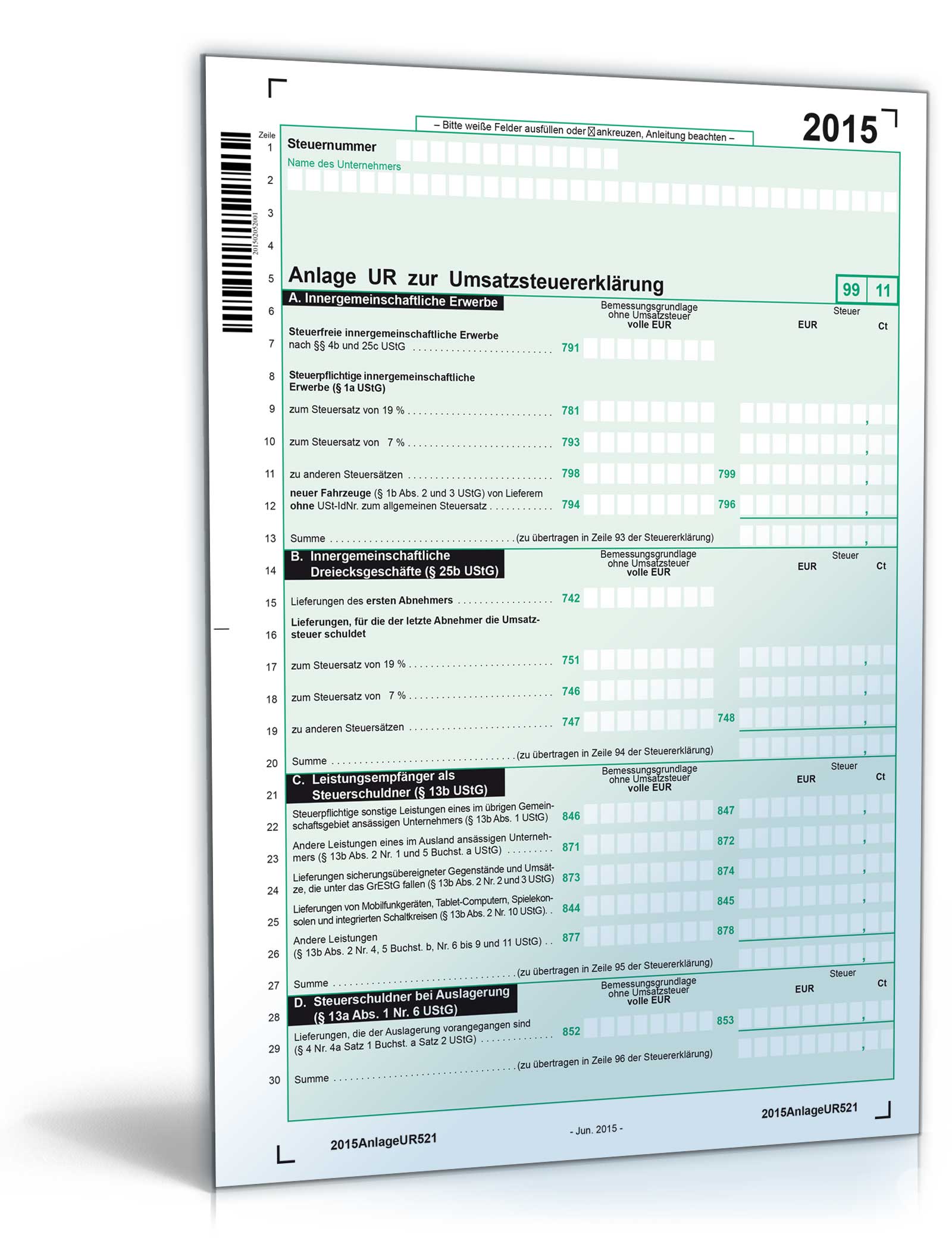 Anlage UR zur Umsatzsteuererklärung 2015 Dokument zum Download