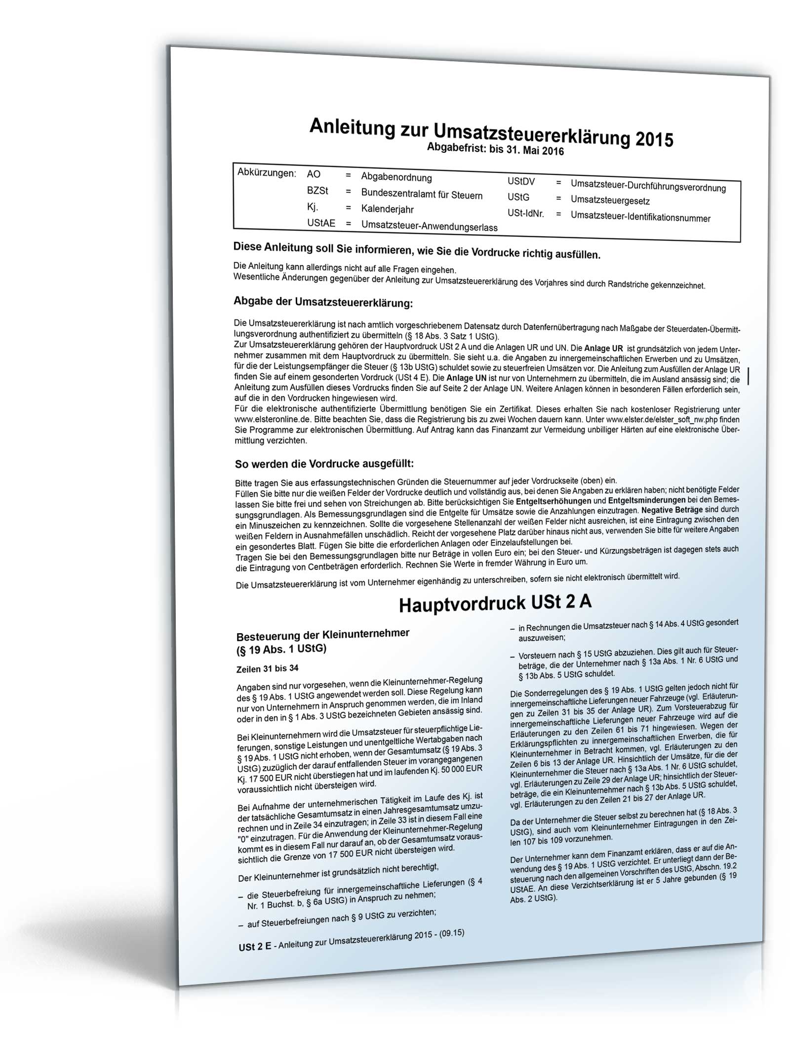 Anleitung zur Umsatzsteuererklärung 2015 Dokument zum Download