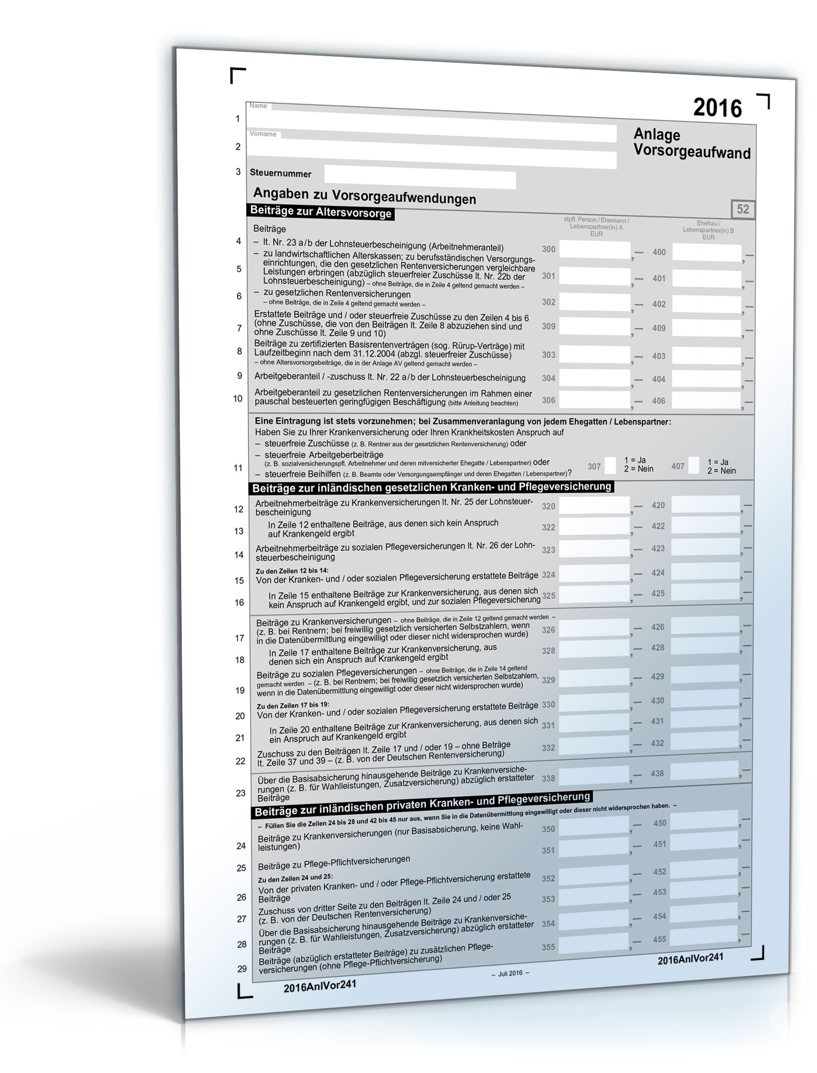 Anlage Vorsorgeaufwand 2016 Dokument zum Download