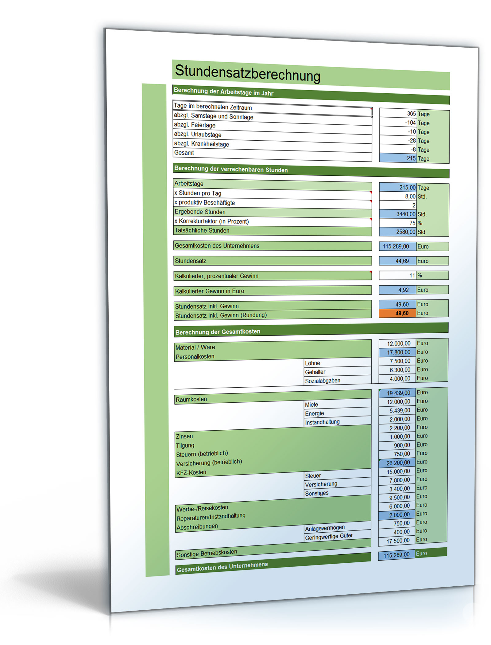 Stundensatzberechnung Dokument zum Download