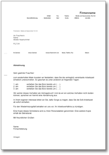 Abmahnung wegen Unterschreitens der Arbeitszeit Dokument zum Download