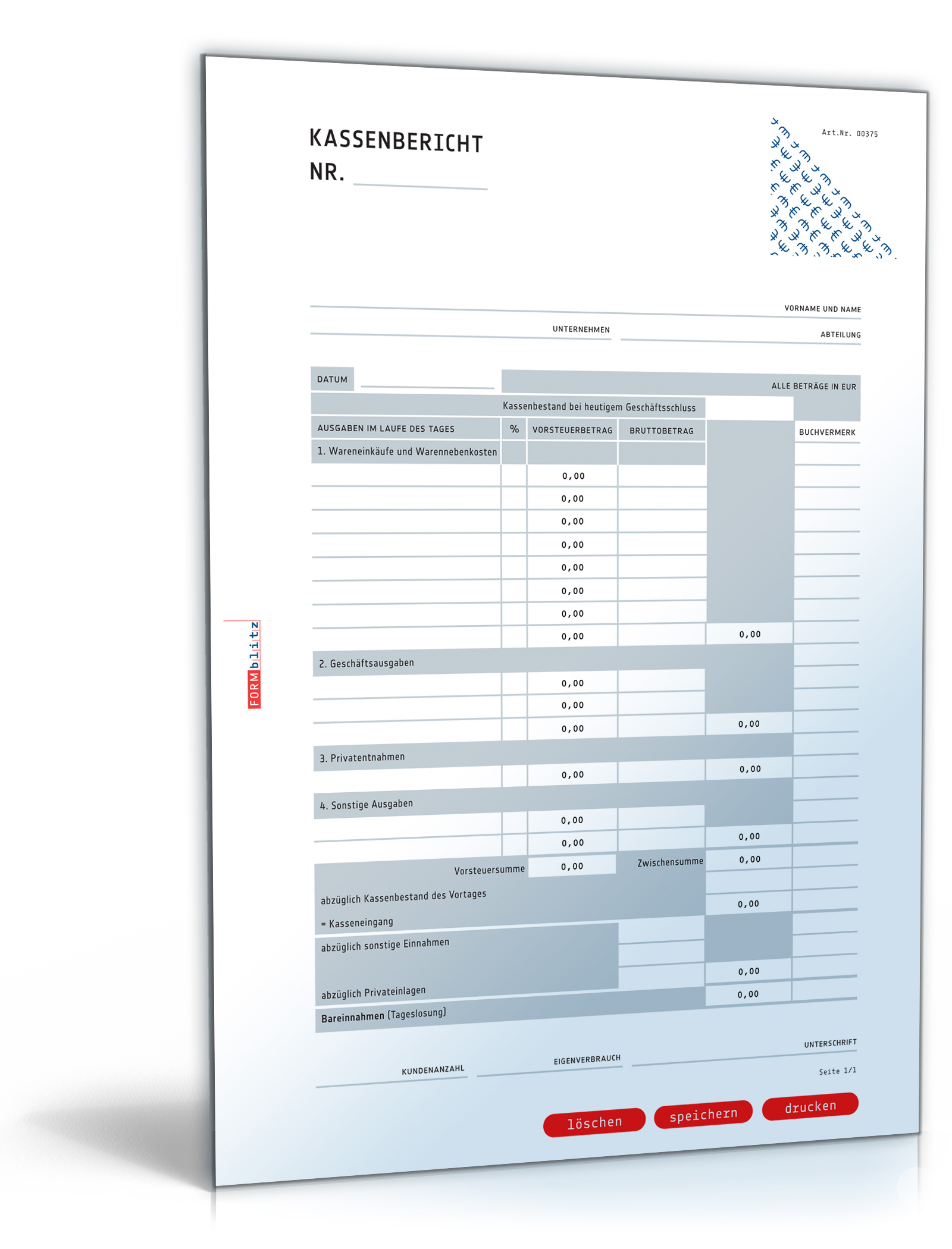 Kassenbericht mit Vorsteuer Dokument zum Download