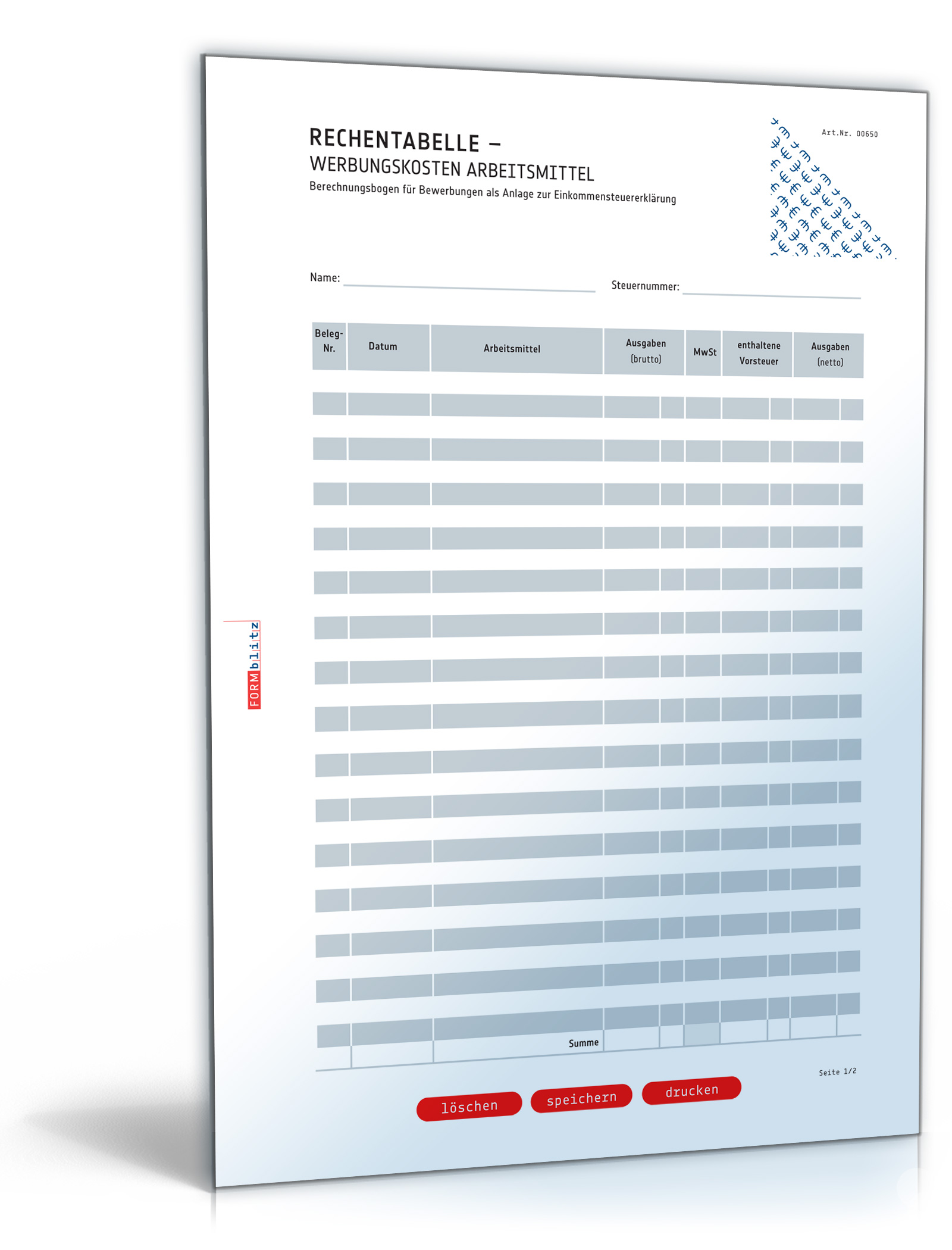 Rechentabelle: Werbungskosten Arbeitsmittel (mit Mehrwertsteuer) Dokument zum Download