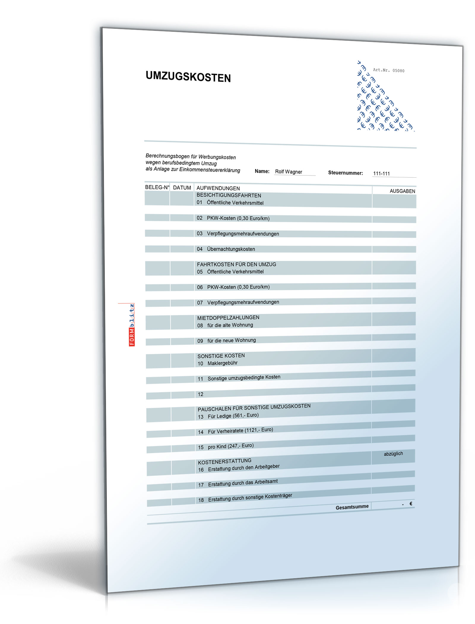 Rechentabelle: Werbungskosten berufliche Umzugskosten Dokument zum Download