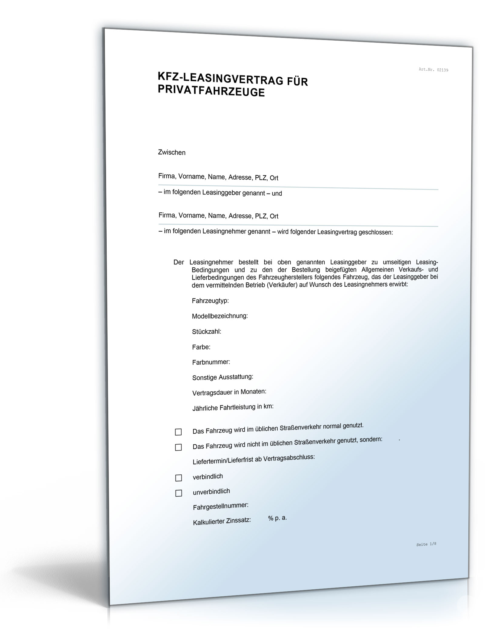 Kfz-Leasingvertrag für Privatfahrzeuge Dokument zum Download
