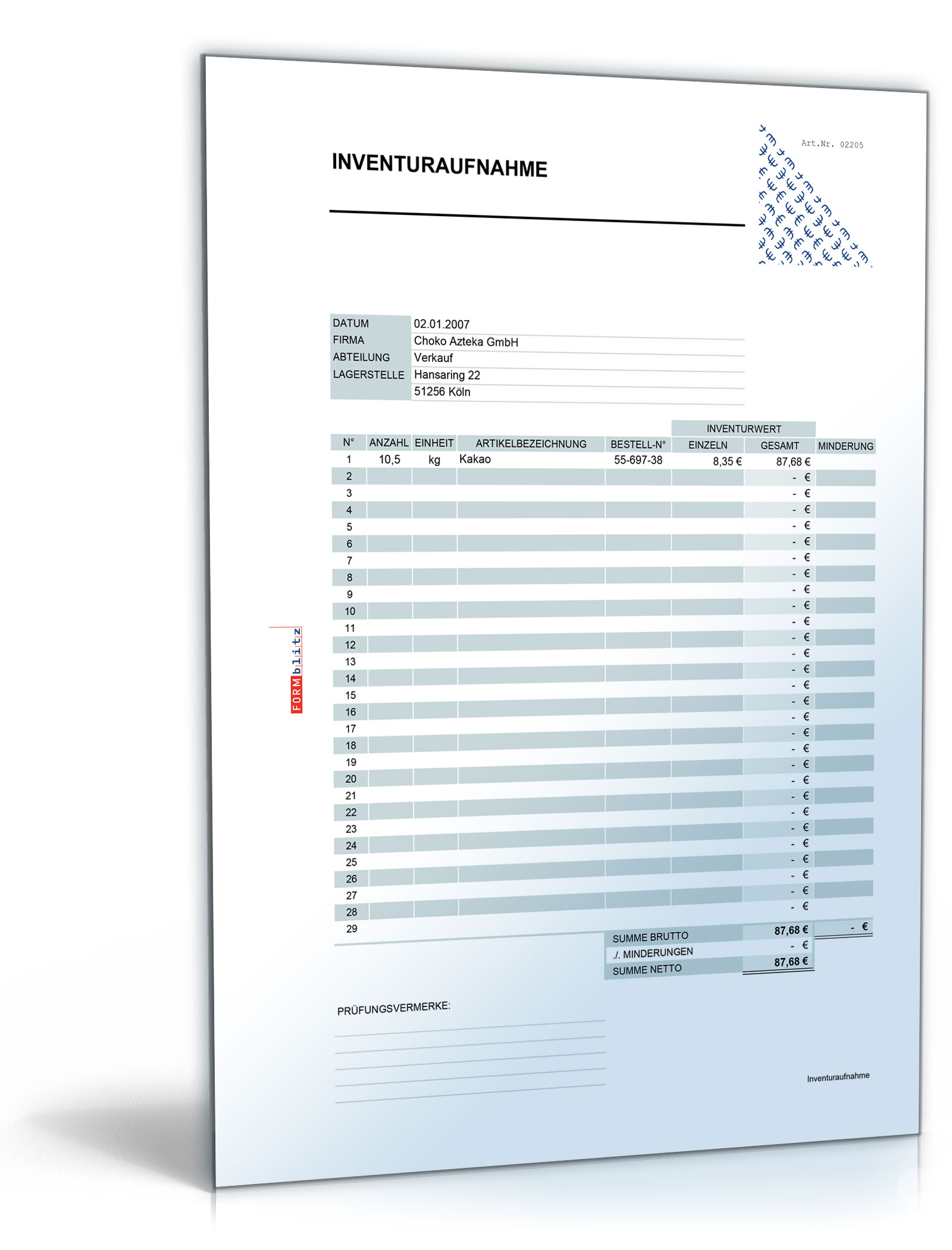 Inventuraufnahme (mit Übertrag und mehreren Blättern) Dokument zum Download