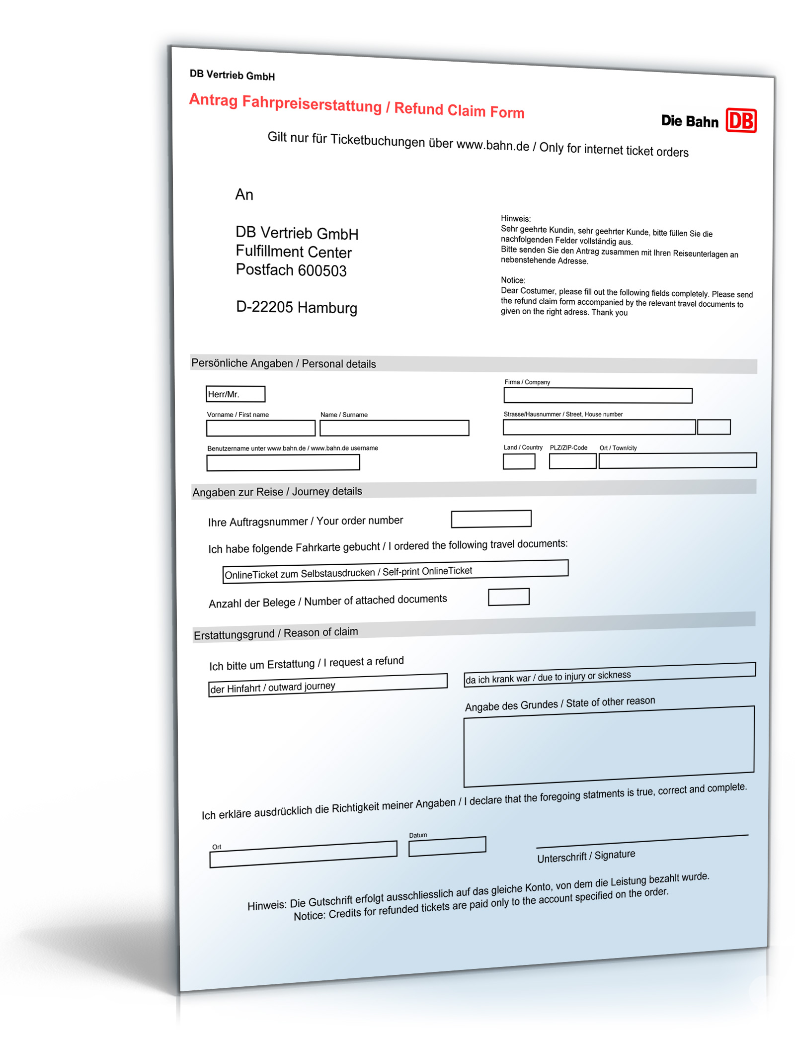 Antrag auf Fahrpreiserstattung für Tickets der Deutschen Bahn Dokument zum Download