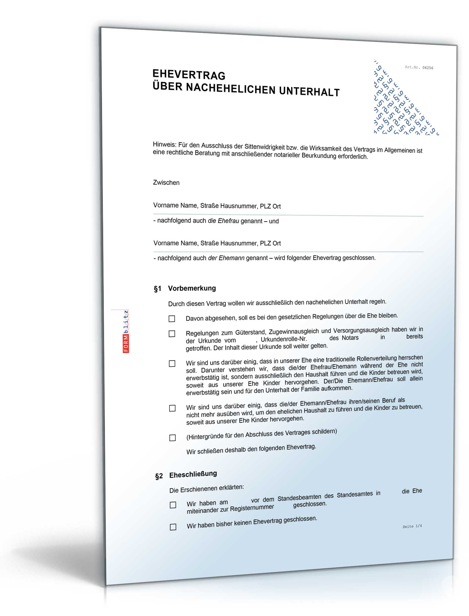 Ehevertrag über nachehelichen Unterhalt plus Ratgeber Unterhaltsreform 2008 Dokument zum Download