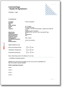 Lizenzanfrage mit Labelcopy - Heads of Agreement Dokument zum Download