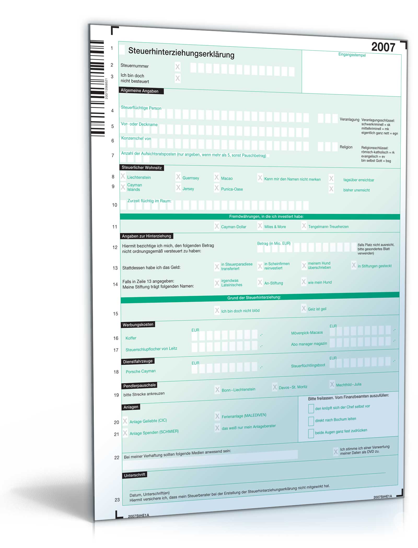 Steuerhinterziehungserklärung Dokument zum Download